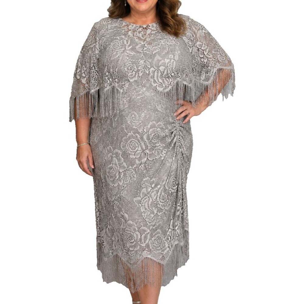 SLNY Silver Fringed Dress W/Cape Womens Sz 16